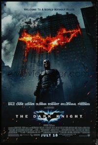 6s0980 DARK KNIGHT advance DS 1sh 2008 Christian Bale as Batman in front of burning bat symbol!