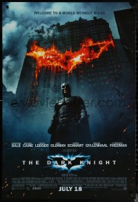 6s0982 DARK KNIGHT int'l advance DS 1sh 2008 Christian Bale as Batman in front of burning bat symbol!