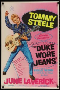 6s0598 DUKE WORE JEANS English double crown 1958 full-length art of Tommy Steel playing guitar!
