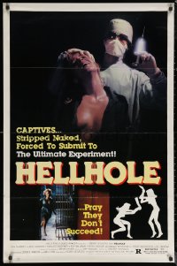6s1056 HELLHOLE 1sh 1985 Pierre De Moro directed, image of girl about to be injected by mad doctor!