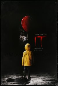 6s1085 IT teaser DS 1sh 2017 creepy image of Pennywise handing child balloon, you'll float too!