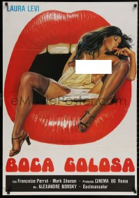 6s0494 GREEDY MOUTH export Italian 1sh 1981 striking artwork of super sexy Laura Levi in open mouth!