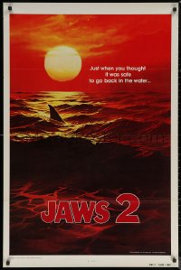 6s1090 JAWS 2 teaser 1sh 1978 shark's fin cutting through ocean at sunset, plus most iconic tagline!