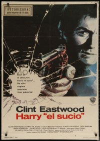 6s0571 DIRTY HARRY Spanish R1974 great c/u of Clint Eastwood pointing gun, Don Siegel crime classic!