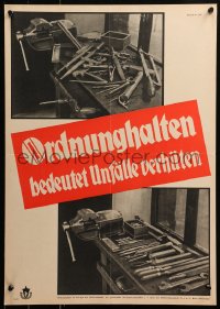 6s0366 ORDNUNGHALTEN BEDEUTET UNFALLE VERHUTEN 17x24 German special poster 1950s messy work station!