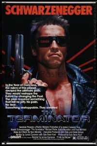 6s1248 TERMINATOR 1sh 1984 close up of classic cyborg Arnold Schwarzenegger with gun, border style!