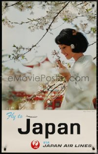 6s0156 JAPAN AIR LINES JAPAN 25x39 Japanese travel poster 1967 woman, sakura at Heian Shrine!