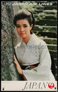 6s0157 JAPAN AIR LINES JAPAN 25x39 Japanese travel poster 1968 smiling woman at Imperial Palace!