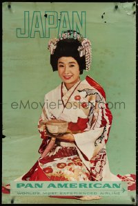 6s0160 PAN AMERICAN JAPAN 28x42 travel poster 1960s great portrait of woman kneeling in kimono!