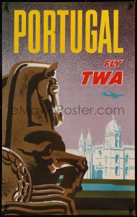 6s0161 TWA PORTUGAL 25x40 travel poster 1960s Monastery of Belem, silhouette art of jet aircraft!