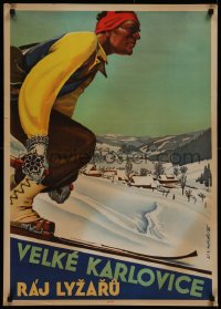 6s0163 VELKE KARLOVICE 24x33 Czech travel poster 1950s skier on a slope in Skiers Paradise!