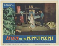 6w0779 ATTACK OF THE PUPPET PEOPLE LC #7 1958 tiny man finds tiny woman trapped inside glass tube!