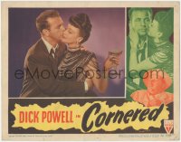 6w0858 CORNERED LC 1946 best close up of Dick Powell kissing sexy Nina Vale holding a drink!
