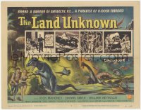 6w0625 LAND UNKNOWN TC 1957 a paradise of hidden terrors, cool art of dinosaurs by Ken Sawyer!