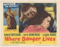 6w1379 WHERE DANGER LIVES LC #2 1950 close up of Robert Mitchum holding pretty Faith Domergue!