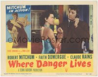 6w1380 WHERE DANGER LIVES LC #8 1950 Robert Mitchum grabs Faith Domergue while he's on the phone!