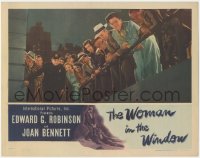6w1390 WOMAN IN THE WINDOW LC 1944 Joan Bennett, cop & crowd looking down over railing, Fritz Lang!
