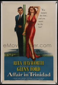 6y0002 AFFAIR IN TRINIDAD linen style B 1sh 1952 Rita Hayworth tells Glenn Ford he wasn't her first!