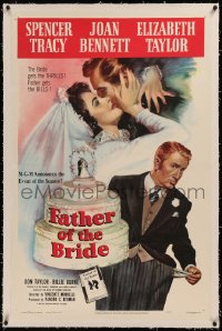 6y0089 FATHER OF THE BRIDE linen 1sh 1950 art of Liz Taylor in wedding gown & broke Spencer Tracy!