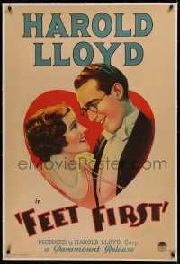 6y0090 FEET FIRST linen style B 1sh 1930 art of Harold Lloyd & Barbara Kent in giant heart, rare!