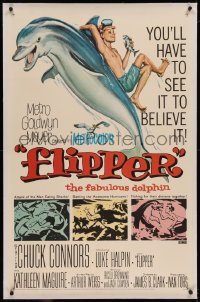 6y0093 FLIPPER linen 1sh 1963 Chuck Connors, Luke Halpin, Reynold Brown art of boy & dolphin!