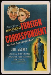 6y0096 FOREIGN CORRESPONDENT linen 1sh 1940 Alfred Hitchcock, Joel McCrea & Laraine Day in WWII, rare!