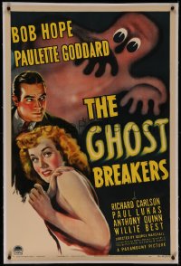 6y0106 GHOST BREAKERS linen 1sh 1940 great art of Bob Hope, Paulette Goddard & wacky spooky ghost!
