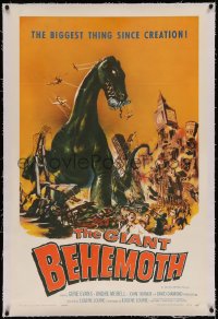 6y0109 GIANT BEHEMOTH linen 1sh 1959 cool art of massive brontosaurus dinosaur monster smashing city!