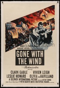 6y0113 GONE WITH THE WIND linen white style 1sh R1954 Clark Gable & Vivien Leigh on wide screen!