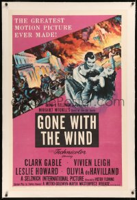 6y0112 GONE WITH THE WIND linen purple style 1sh R1954 Clark Gable & Vivien Leigh on wide screen!