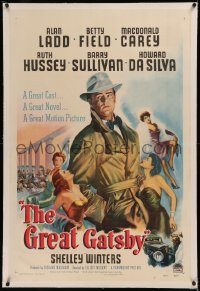 6y0117 GREAT GATSBY linen 1sh 1949 misleading art of Alan Ladd in trench coat surrounded by sexy women!