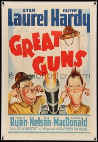 6y0118 GREAT GUNS linen 1sh 1941 art of Laurel & Hardy plugging their ears by cannon, ultra rare!