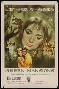 6y0122 GREEN MANSIONS linen int'l 1sh 1959 art of Audrey Hepburn & Anthony Perkins by Joseph Smith!