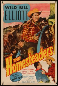 6y0136 HOMESTEADERS linen 1sh 1953 cowboy William 'Wild Bill' Elliot, Robert Lowery, James Seay!