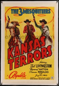 6y0152 KANSAS TERRORS linen 1sh 1939 3 Mesquiteers, Robert Livingston, Raymond Hatton, Duncan Renaldo