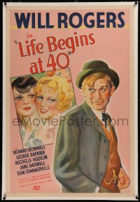 6y0162 LIFE BEGINS AT 40 linen style B 1sh 1935 Fox stone litho of Will Rogers & pretty ladies, rare!