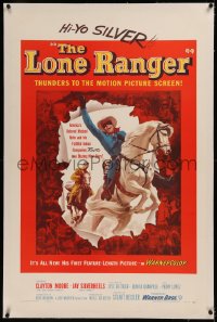 6y0166 LONE RANGER linen 1sh 1956 cool art of Clayton Moore & Silver leaping out of the poster!