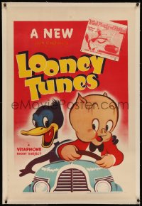 6y0168 LOONEY TUNES linen 1sh 1940 Vitaphone, art of Porky Pig driving a car with Daffy Duck!