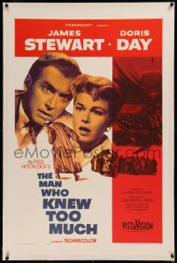 6y0177 MAN WHO KNEW TOO MUCH linen 1sh 1956 James Stewart & Doris Day, directed by Alfred Hitchcock!