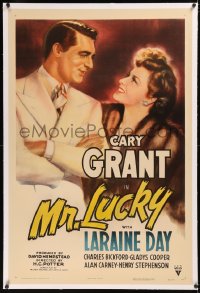 6y0188 MR. LUCKY linen 1sh 1943 great art of gambler Cary Grant smiling at pretty Laraine Day!