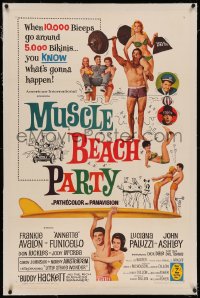 6y0190 MUSCLE BEACH PARTY linen 1sh 1964 Frankie & Annette, 10,000 biceps & 5,000 bikinis!
