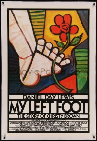 6y0193 MY LEFT FOOT linen int'l 1sh 1989 Daniel Day-Lewis, cool artwork of foot w/flower by Seltzer!