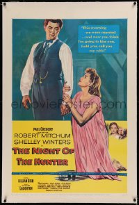 6y0196 NIGHT OF THE HUNTER linen 1sh 1955 classic Robert Mitchum showing his love & hate hands!
