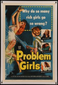 6y0222 PROBLEM GIRLS linen 1sh 1953 classic image of tied up scantily clad bad rich girl hosed down!