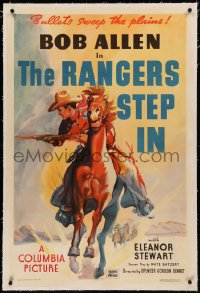 6y0229 RANGERS STEP IN linen 1sh 1937 art of cowboy Bob Allen on horse, bullets sweep the plains!