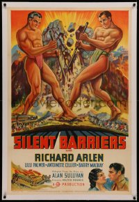 6y0251 SILENT BARRIERS linen style B 1sh 1937 Fred Kulz art of two giants tearing apart mountain!