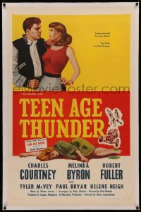 6y0279 TEEN AGE THUNDER linen 1sh 1957 Charles Courtney, Melinda Byron, hot rods & hot tempers!