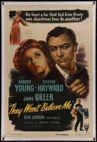 6y0286 THEY WON'T BELIEVE ME linen 1sh 1947 Susan Hayward, Robert Young w/gun, Jane Greer, film noir!