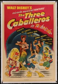 6y0288 THREE CABALLEROS linen 1sh 1944 Disney, cartoon art of Donald Duck, Panchito & Joe Carioca!