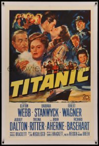6y0292 TITANIC linen 1sh 1953 great artwork of Clifton Webb, Barbara Stanwyck & legendary ship!